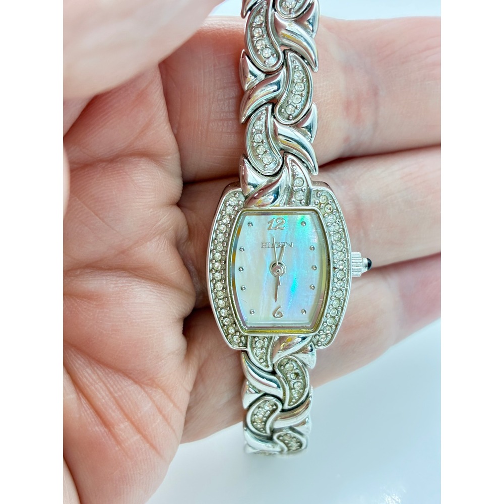 Elgin Watch EG172 Ladies Silver Tone Mother of Pearl Dial Crystal Accent Dress